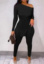 Women Patchwork Slit Long Sleeve Top And Pant Casual Two-piece Set