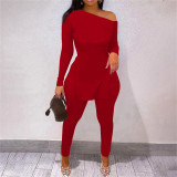 Women Patchwork Slit Long Sleeve Top And Pant Casual Two-piece Set