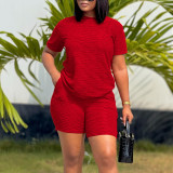 Women Casual Summer Solid Short Sleeve Top and Shorts Two-piece Set