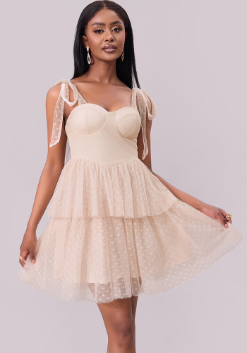 Women Evening Dress Lace-up Pleated Mesh Dress