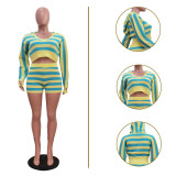 Women Casual Knitting Striped Long Sleeve Hooded Top and Shorts Two-Piece Set
