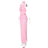 Women's Summer Solid Color Halter Neck Vest Slim Skirt Two Piece Set