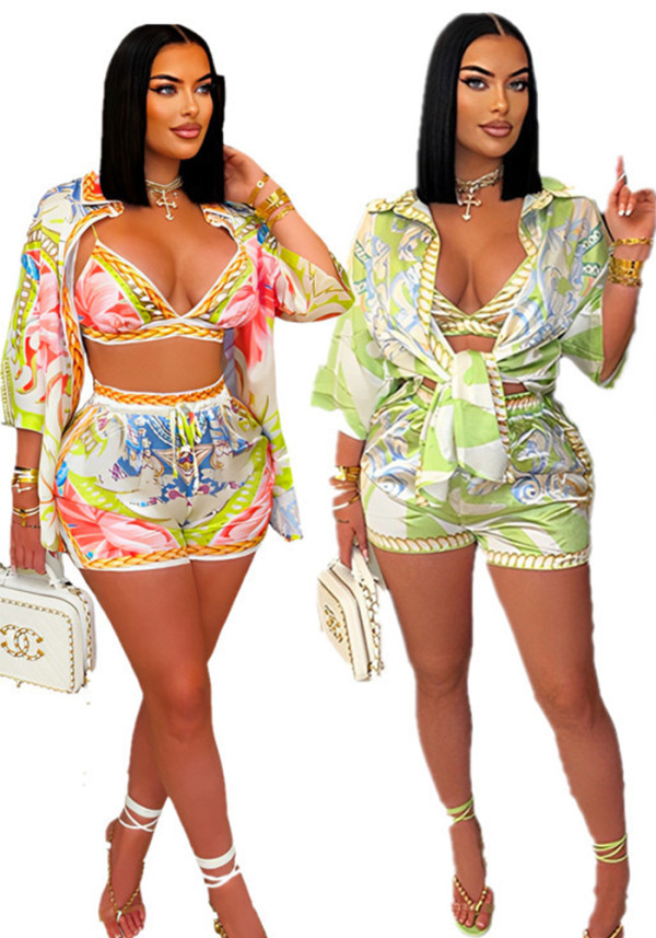 Women's Casual Printed Beach Bra Shirt & Shorts Three Piece Set