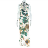 Women's Printed Halter Slim-Waist Vest Long Skirt Two Piece Set