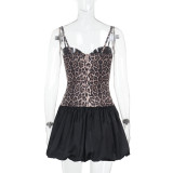 Women's Street Fashion Leopard-Print Patchwork Strap Slim-Waist Bubble Dress