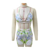 Women's Casual Printed Beach Bra Shirt & Shorts Three Piece Set