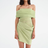 Spring/Summer Women's Sexy Off-Shoulder Mesh-Patchwork  Pleated Dress