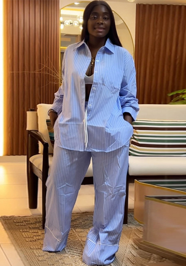 African Women's Summer Turndown Collar Loose Striped Shirt & Wide-Leg Pants Two Piece Set