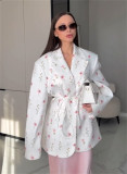 Women's Spring/Summer Printed Loose Turndown Collar Lace-Up Slim-Waist Jacket