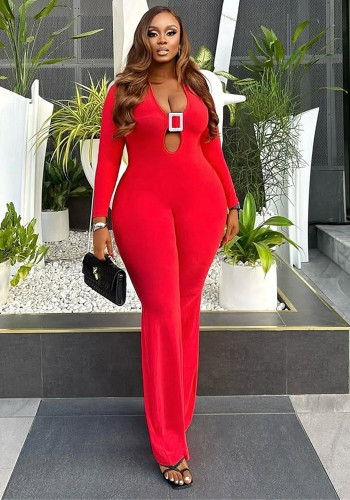 Women's Fashion Slim Elastic Sexy Solid Color Metal-Design Hollow Jumpsuit