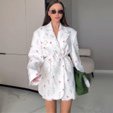 Women's Spring/Summer Printed Loose Turndown Collar Lace-Up Slim-Waist Jacket