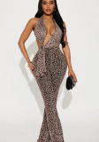 Women's Sexy Halter Neck Lace-Up Leopard-Print Low-Back Jumpsuit