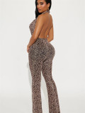 Women's Sexy Halter Neck Lace-Up Leopard-Print Low-Back Jumpsuit