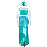 Women's Printed Color-Matching Straps Halter Vest Long Skirt Two Piece Set