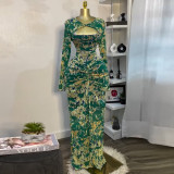 Women's Spring Print Hollow Neck Long-Sleeve High-Waist Slim Long Dress