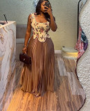 Women's Summer Sweet Print Slim-Waist Vest & High-Waist Pleated Skirt Two Piece Set