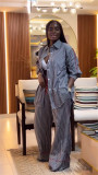 African Women's Summer Turndown Collar Loose Striped Shirt & Wide-Leg Pants Two Piece Set
