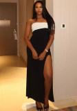 Women's Black-White Contrast Off-Shoulder Low-Back Slit Dress