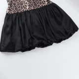 Women's Street Fashion Leopard-Print Patchwork Strap Slim-Waist Bubble Dress