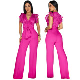Women's Sexy V-Neck Sleeveless Solid Color Lace-Up Wide-Leg Jumpsuit