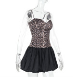 Women's Street Fashion Leopard-Print Patchwork Strap Slim-Waist Bubble Dress