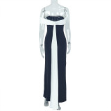 Women's Black-White Contrast Off-Shoulder Low-Back Slit Dress
