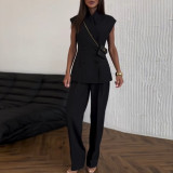 Women's Summer Chic Double-Breasted Slim-Waist Vest Top & High-Waist Pants Two Piece Set