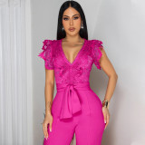 Women's Sexy V-Neck Sleeveless Solid Color Lace-Up Wide-Leg Jumpsuit