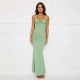 Women's Summer Sexy Solid Color Lace-up Halter Low-Back Metal Decoration Two Piece Skirt Set