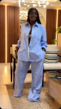 African Women's Summer Turndown Collar Loose Striped Shirt & Wide-Leg Pants Two Piece Set