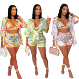 Women's Casual Printed Beach Bra Shirt & Shorts Three Piece Set