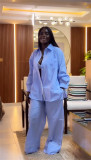 African Women's Summer Turndown Collar Loose Striped Shirt & Wide-Leg Pants Two Piece Set