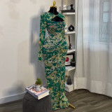 Women's Spring Print Hollow Neck Long-Sleeve High-Waist Slim Long Dress