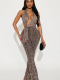 Women's Sexy Halter Neck Lace-Up Leopard-Print Low-Back Jumpsuit