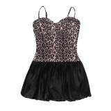 Women's Street Fashion Leopard-Print Patchwork Strap Slim-Waist Bubble Dress