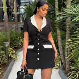 Women's Chic Black-White Contrast Button Short Dress
