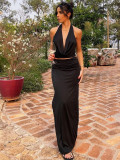 Women's Summer Solid Color Halter Neck Vest Slim Skirt Two Piece Set