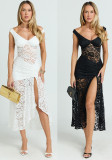 Women's Summer Sexy Lace Hollow-Patchwork Straps Slim Split Dress