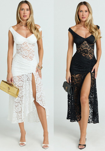 Women's Summer Sexy Lace Hollow-Patchwork Straps Slim Split Dress