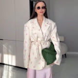 Women's Spring/Summer Printed Loose Turndown Collar Lace-Up Slim-Waist Jacket