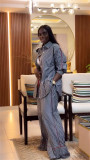 African Women's Summer Turndown Collar Loose Striped Shirt & Wide-Leg Pants Two Piece Set