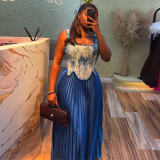 Women's Summer Sweet Print Slim-Waist Vest & High-Waist Pleated Skirt Two Piece Set
