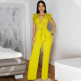 Women's Sexy V-Neck Sleeveless Solid Color Lace-Up Wide-Leg Jumpsuit