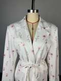 Women's Spring/Summer Printed Loose Turndown Collar Lace-Up Slim-Waist Jacket