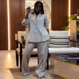 African Women's Summer Turndown Collar Loose Striped Shirt & Wide-Leg Pants Two Piece Set