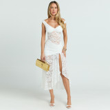 Women's Summer Sexy Lace Hollow-Patchwork Straps Slim Split Dress