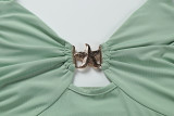 Women's Summer Sexy Solid Color Lace-up Halter Low-Back Metal Decoration Two Piece Skirt Set