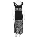 Women's Summer Sexy Lace Hollow-Patchwork Straps Slim Split Dress