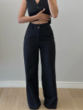 Women's Chic OL V-Neck Black Sleeveless Button Vest High-Waist Wide-Leg Pants Suit