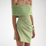 Spring/Summer Women's Sexy Off-Shoulder Mesh-Patchwork  Pleated Dress